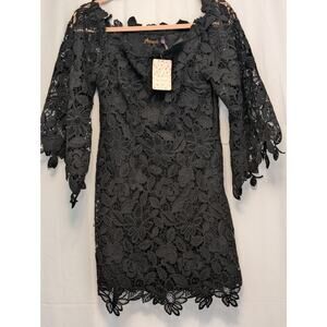 Free People 6 Black Lace Off Shoulder Bell Sleeve Mini Dress NWT msrp $250